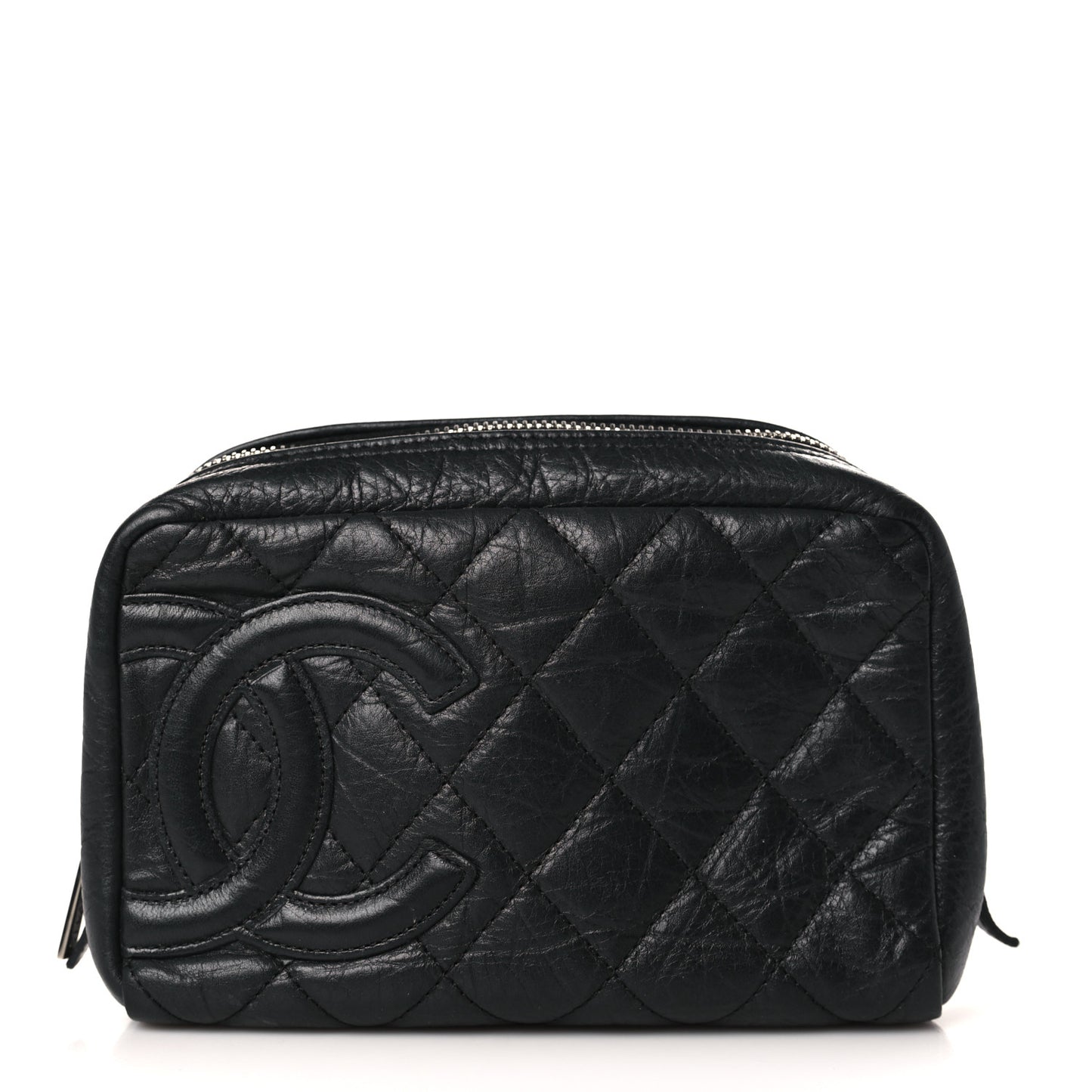 Aged Calfskin Quilted Cambon Cosmetic Case Black