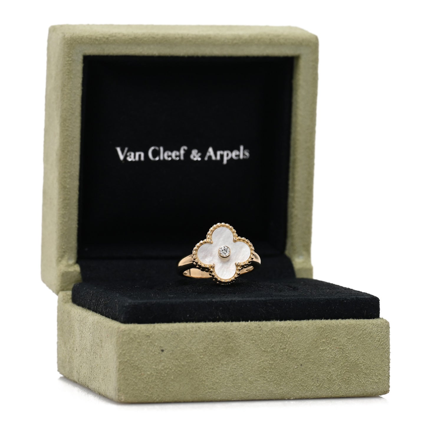 18K Yellow Gold Diamond Mother of Pearl Vintage Alhambra Ring 53 6.25