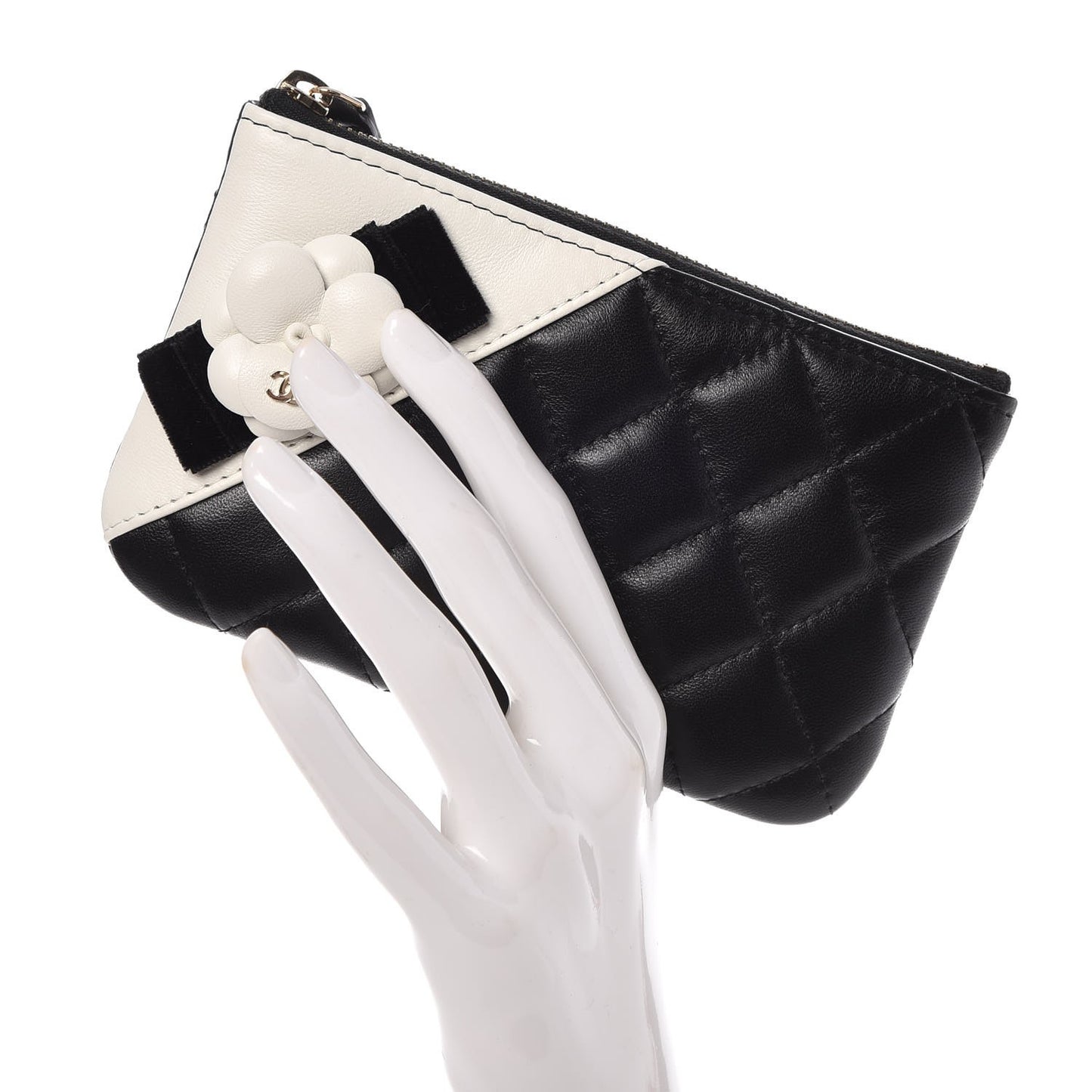 Lambskin Quilted Small Camellia Cosmetic Pouch Black White
