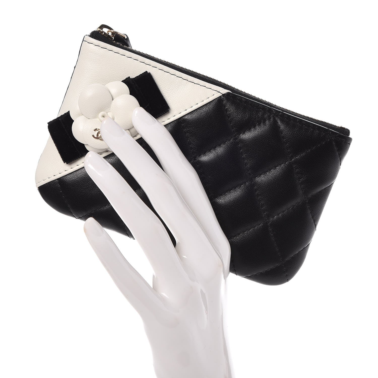 Chanel Lambskin Quilted Small Camellia Cosmetic Pouch Black White 2 of 8