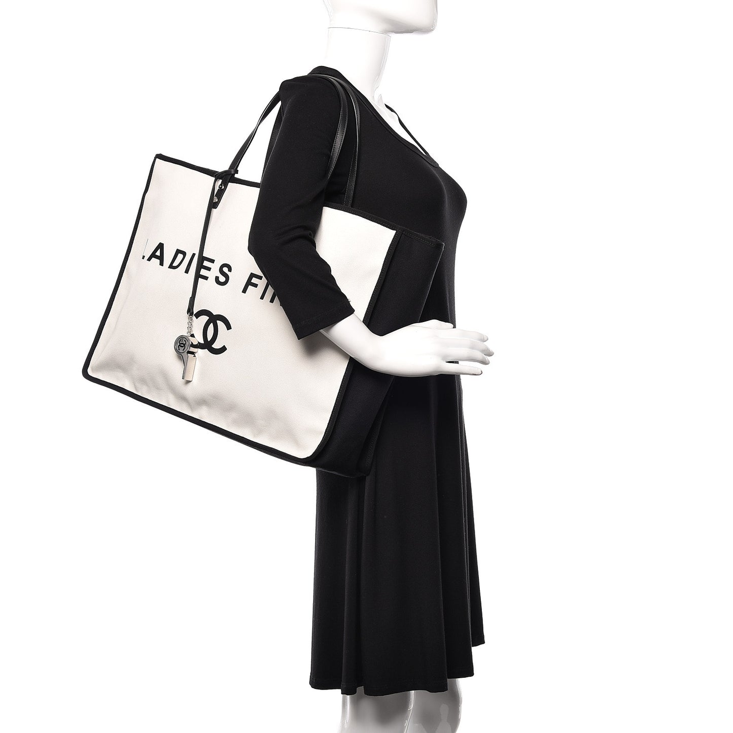 Canvas Calfskin Large Let's Demonstrate Tote White Black