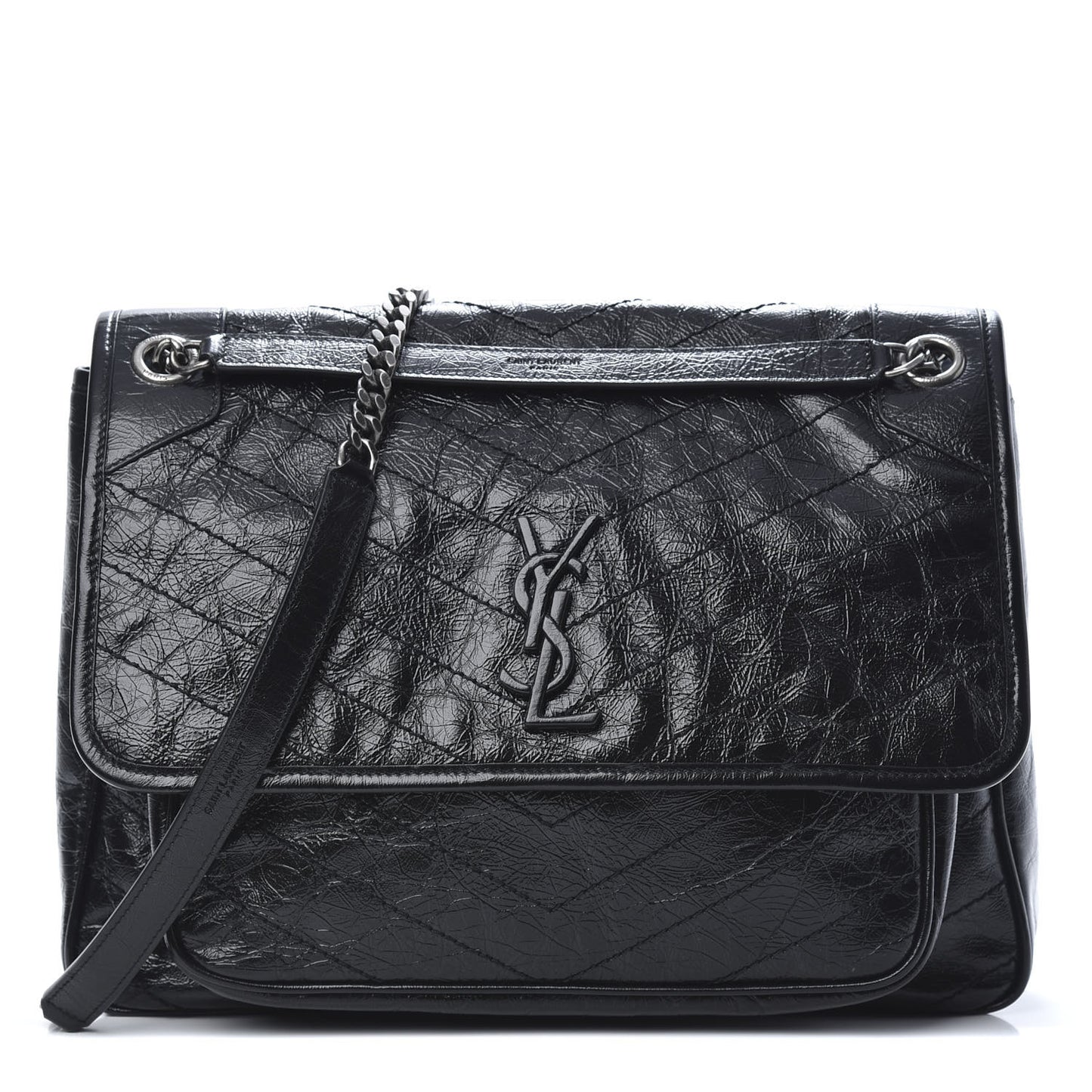 Crinkled Calfskin Matelasse Monogram Large Niki Chain Satchel Black
