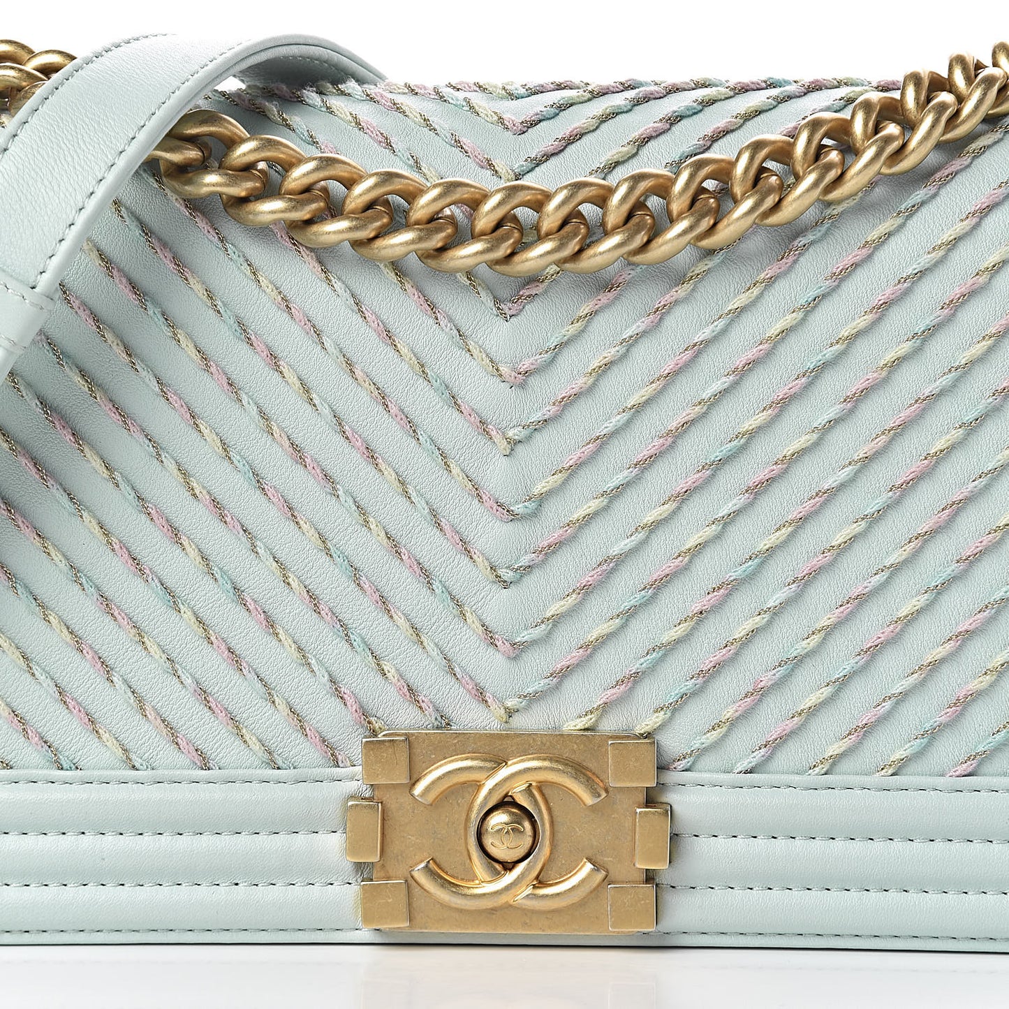 Calfskin Chevron Embroidered Medium Boy By The Sea Flap Light Blue