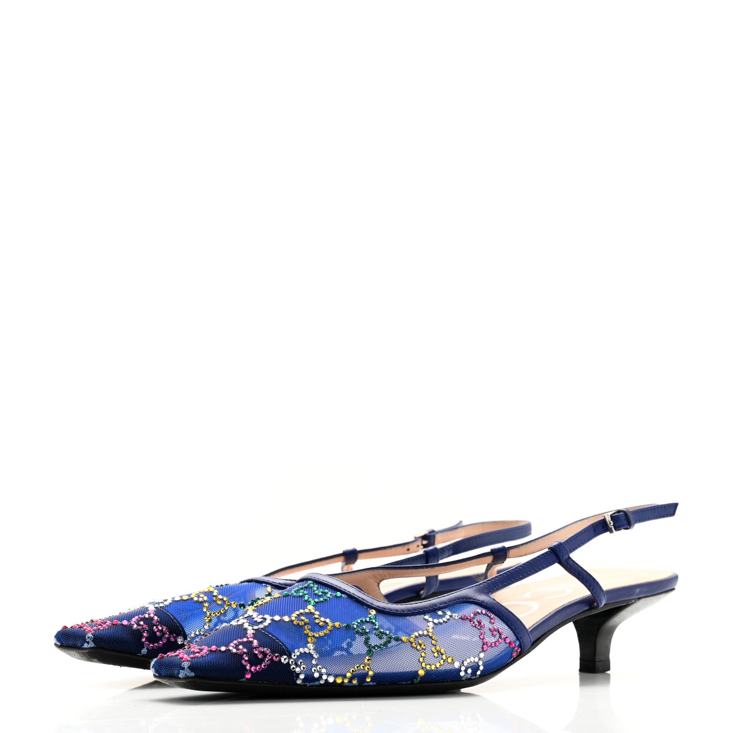 Gucci Tela Retino Nappa Charlotte Crystal GG Monogram Square G 35mm Slingback Pumps 38 Splash Net Blue Witch 3 of 8