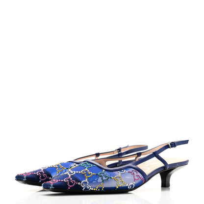 Gucci Tela Retino Nappa Charlotte Crystal GG Monogram Square G 35mm Slingback Pumps 38 Splash Net Blue Witch 3 of 8