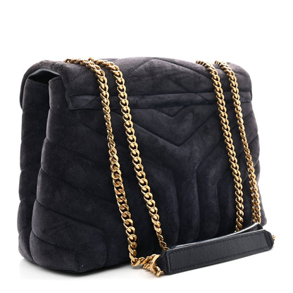 Saint Laurent Suede Calfskin Y Quilted Monogram Small Loulou Chain Satchel Deep Marine 3 of 10