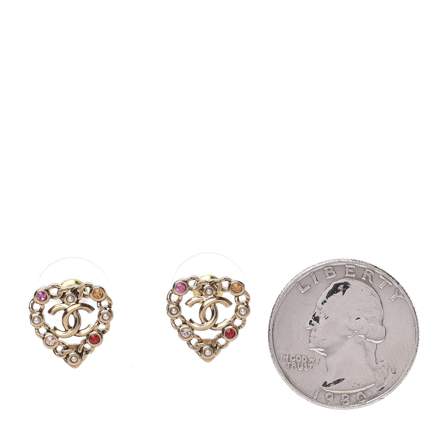 Chanel Pearl Crystal CC Heart Earrings Gold Multicolor 2 of 5
