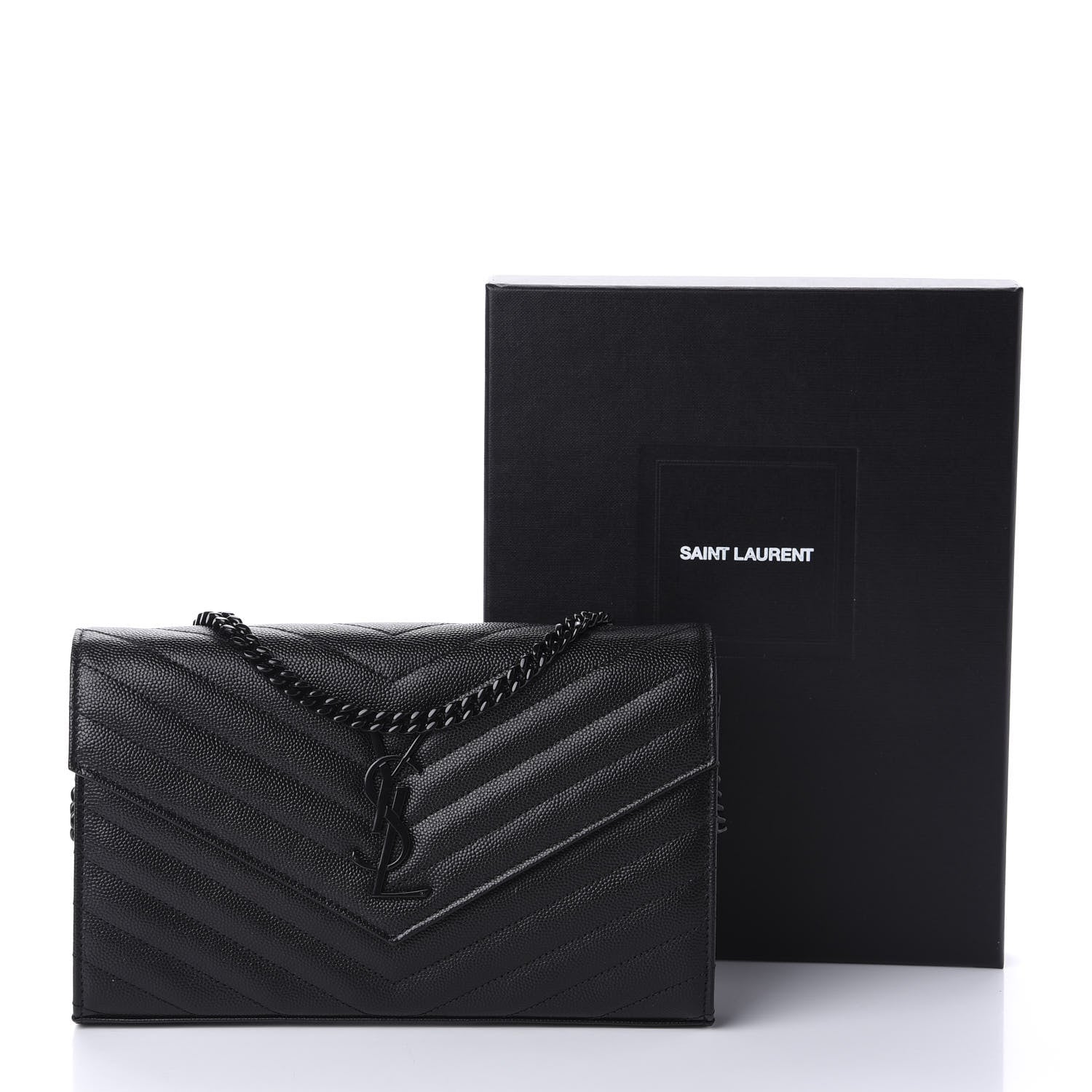 Saint Laurent Grain De Poudre Matelasse Chevron Monogram Chain Wallet Black 11 of 11