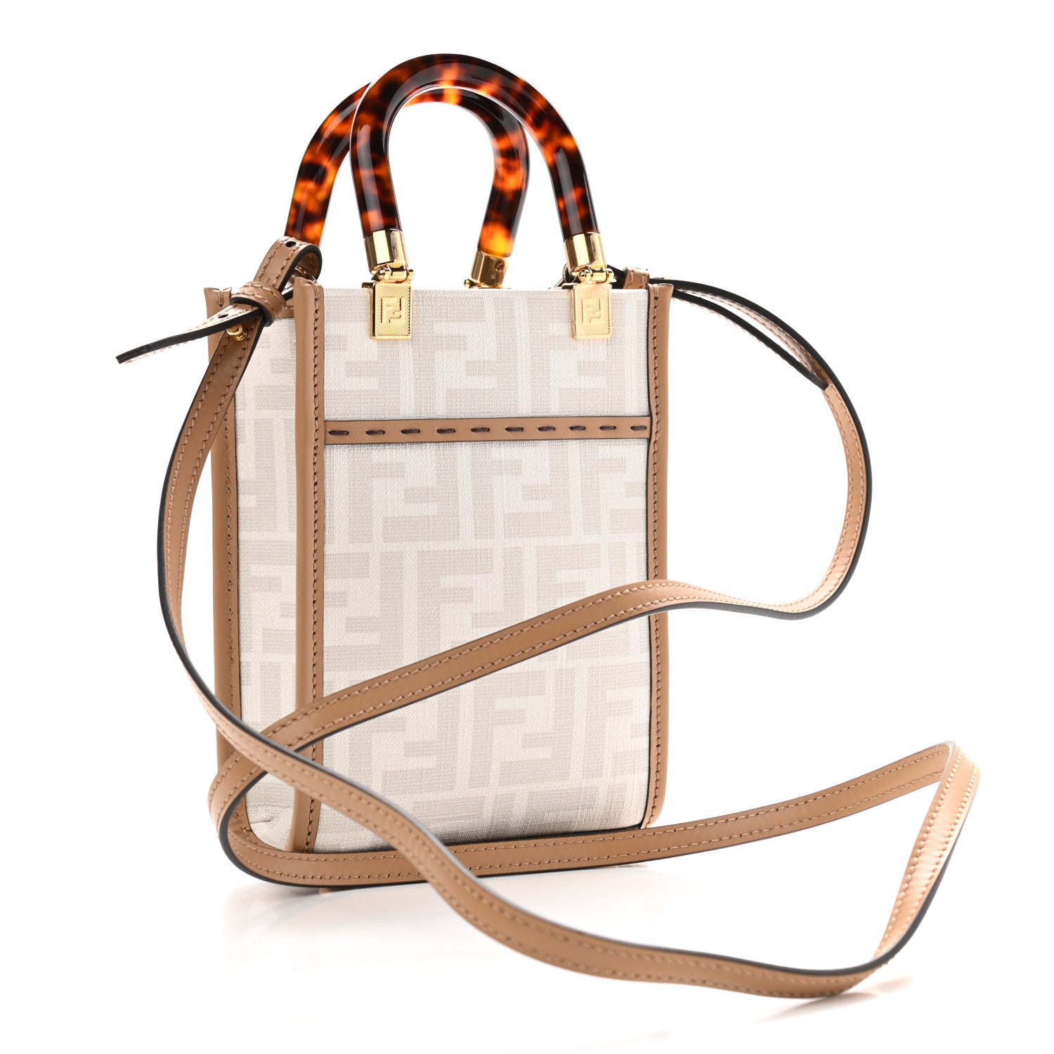 Fendi Glazed Fabric Plexiglass FF Logo Bikini Girls Mini Fendi Sunshine Shopper Tote Bianco Perla Multicolor Miele Scuro 3 of 10