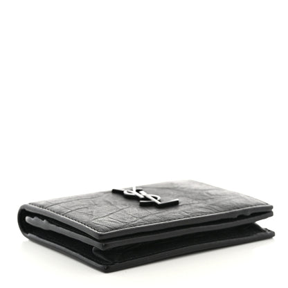 Saint Laurent Calfskin Crocodile Embossed Monogram Monochrome Business Card Holder Black 4 of 11