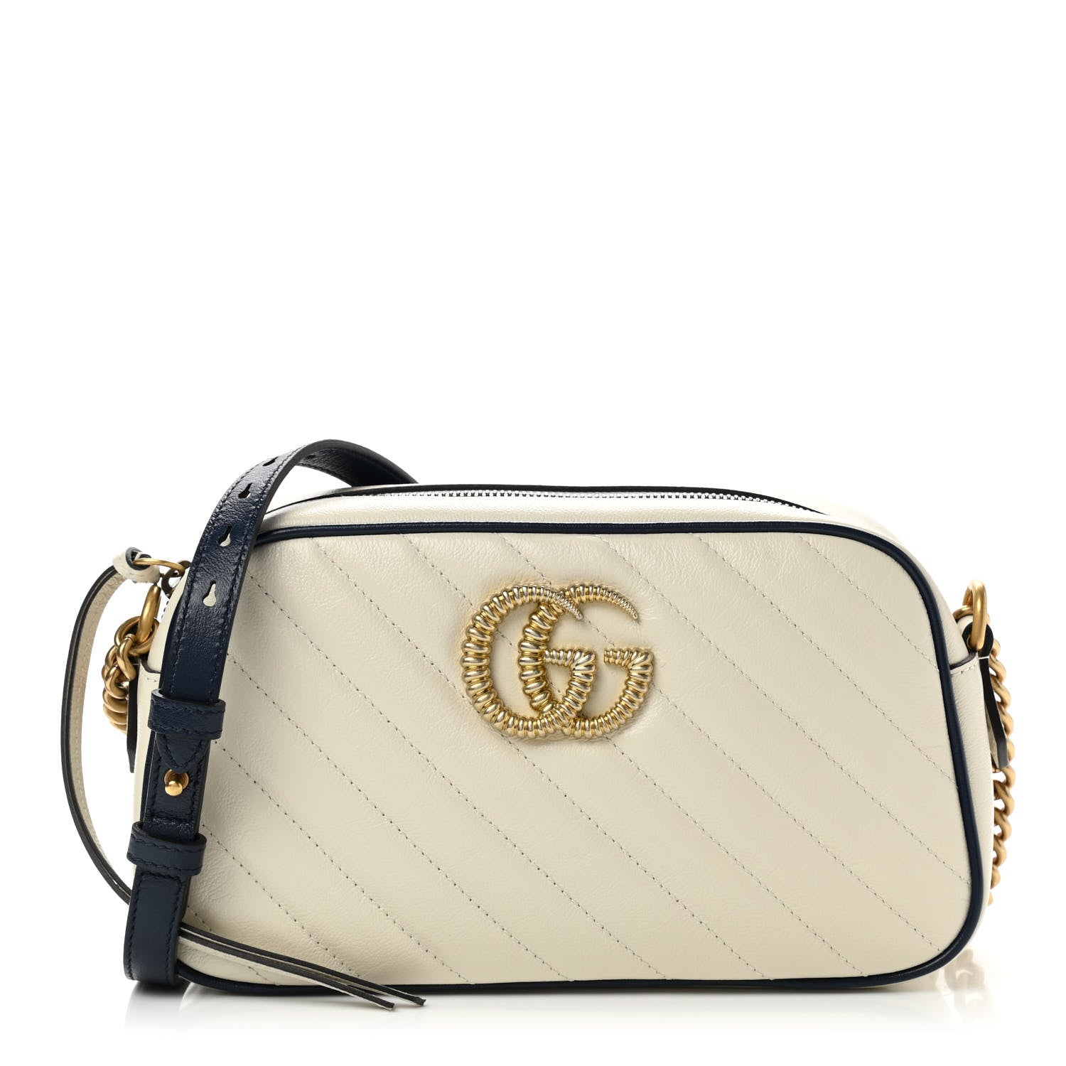Gucci Vintage Effect Calfskin Matelasse Diagonal Small Torchon GG Marmont Chain Shoulder Bag Mystic White Blue Agata 1 of 10