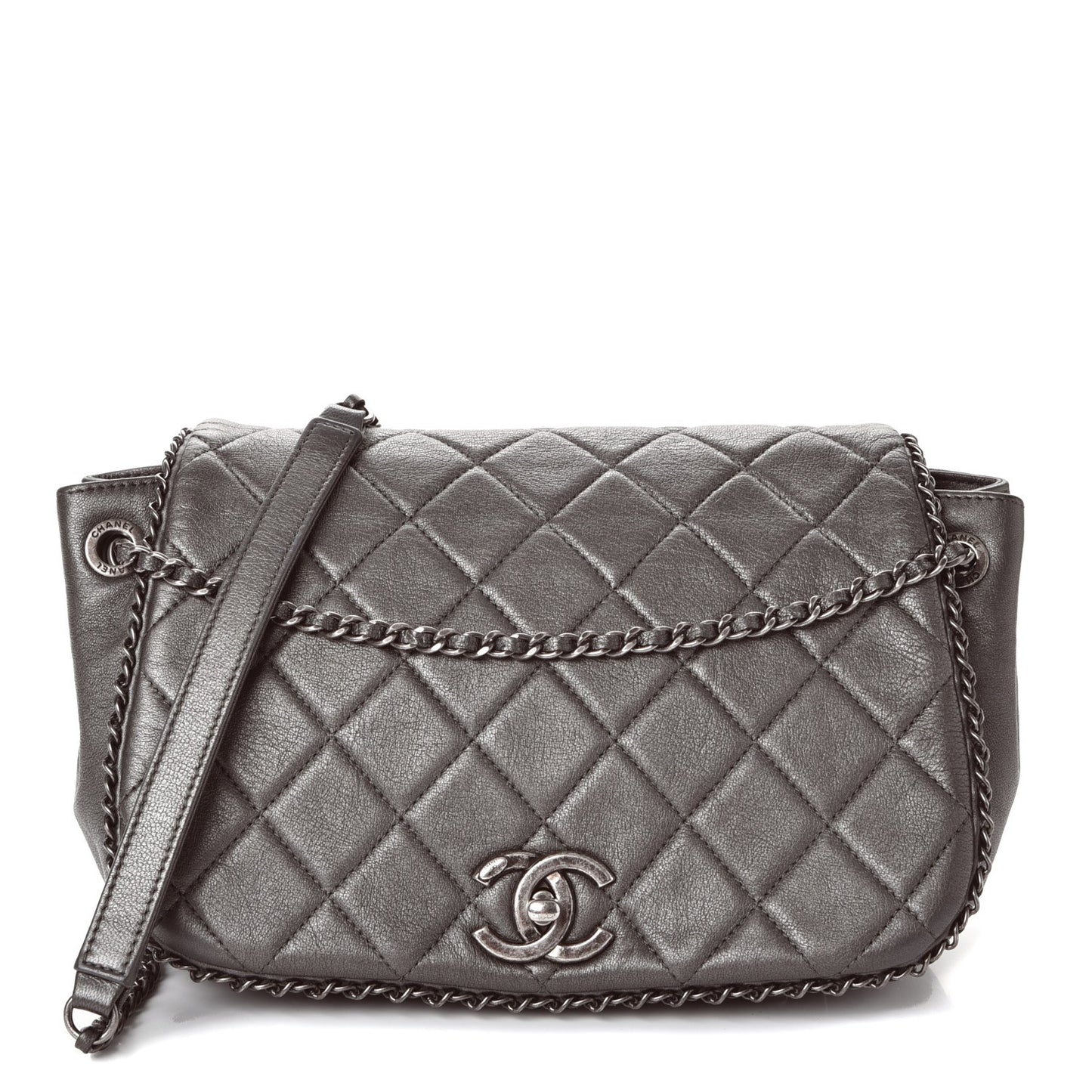 Calfskin Quilted Small CC Enchained Accordion Flap Grey