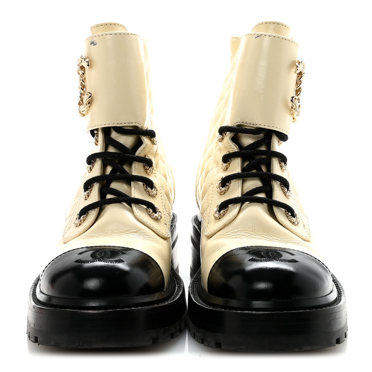 Shiny Goatskin Calfskin Quilted Lace Up Combat Boots 36 Ivory Black