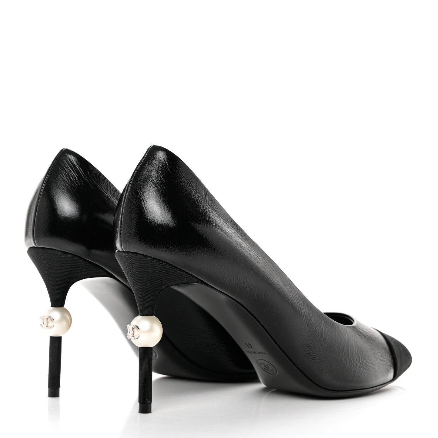 Shiny Calfskin Grosgrain Cap Toe CC Pearl Pumps 41 Black