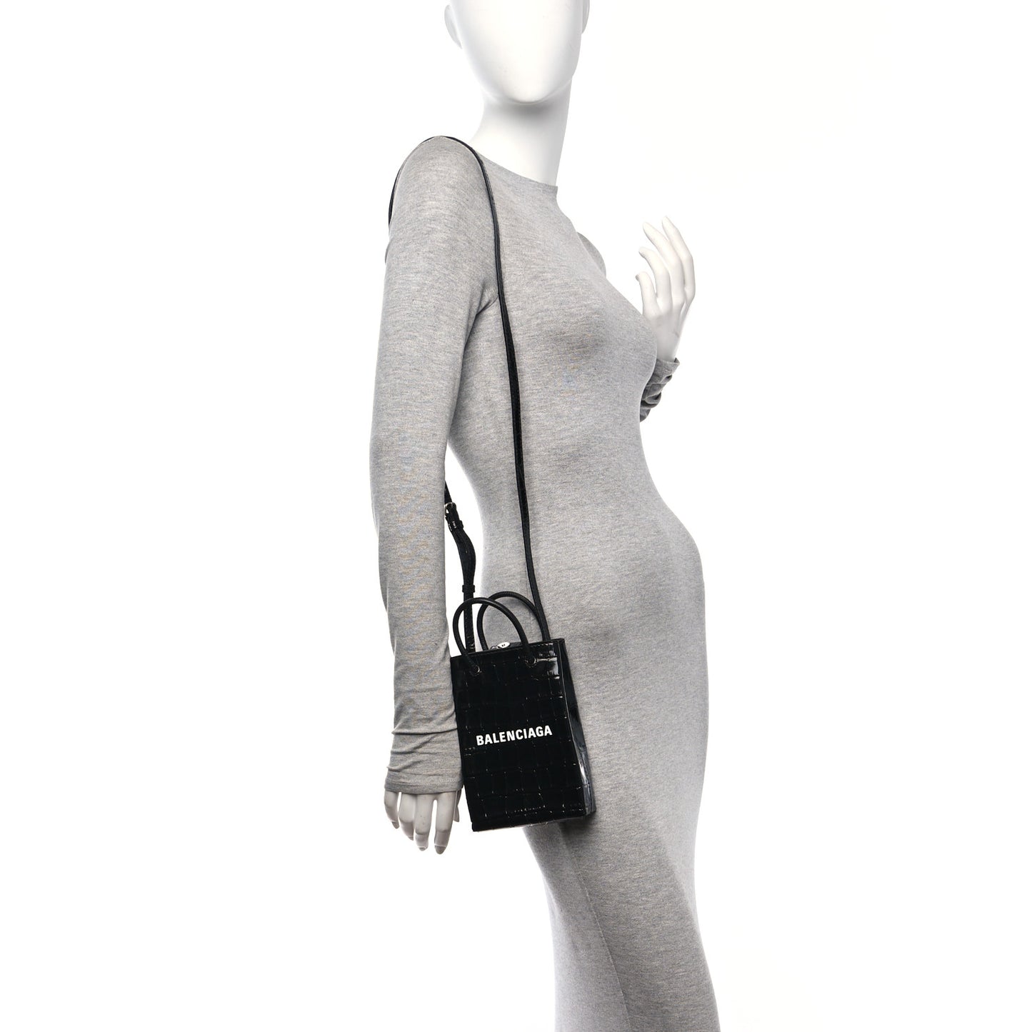 Calfskin Crocodile Embossed Logo Shopping Phone Holder Bag Black