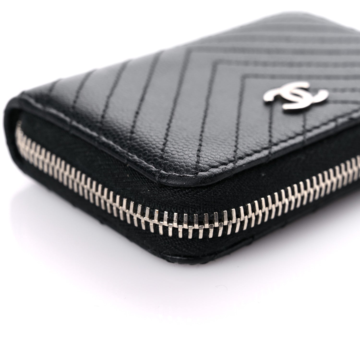 Chanel Caviar Chevron Quilted Zip Around Coin Purse Black 10 of 16