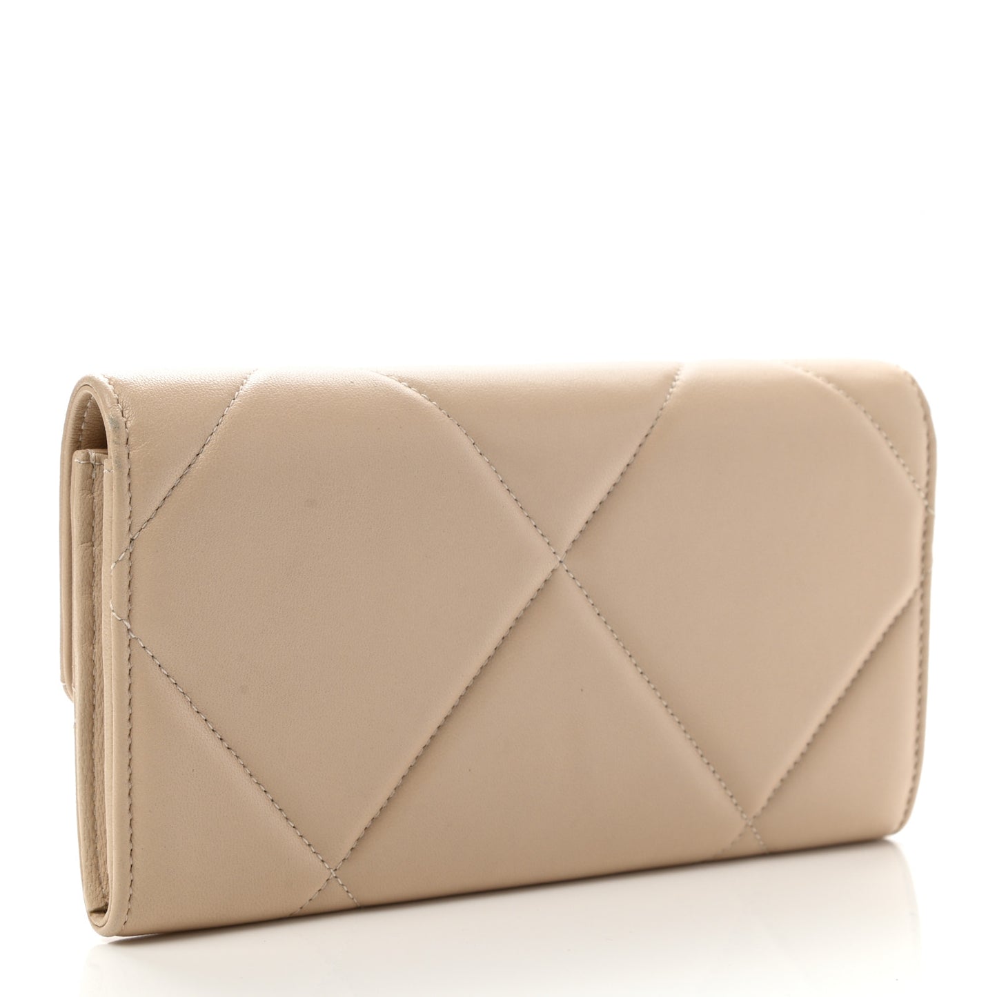 Shiny Goatskin Quilted Chanel 19 Flap Wallet Beige