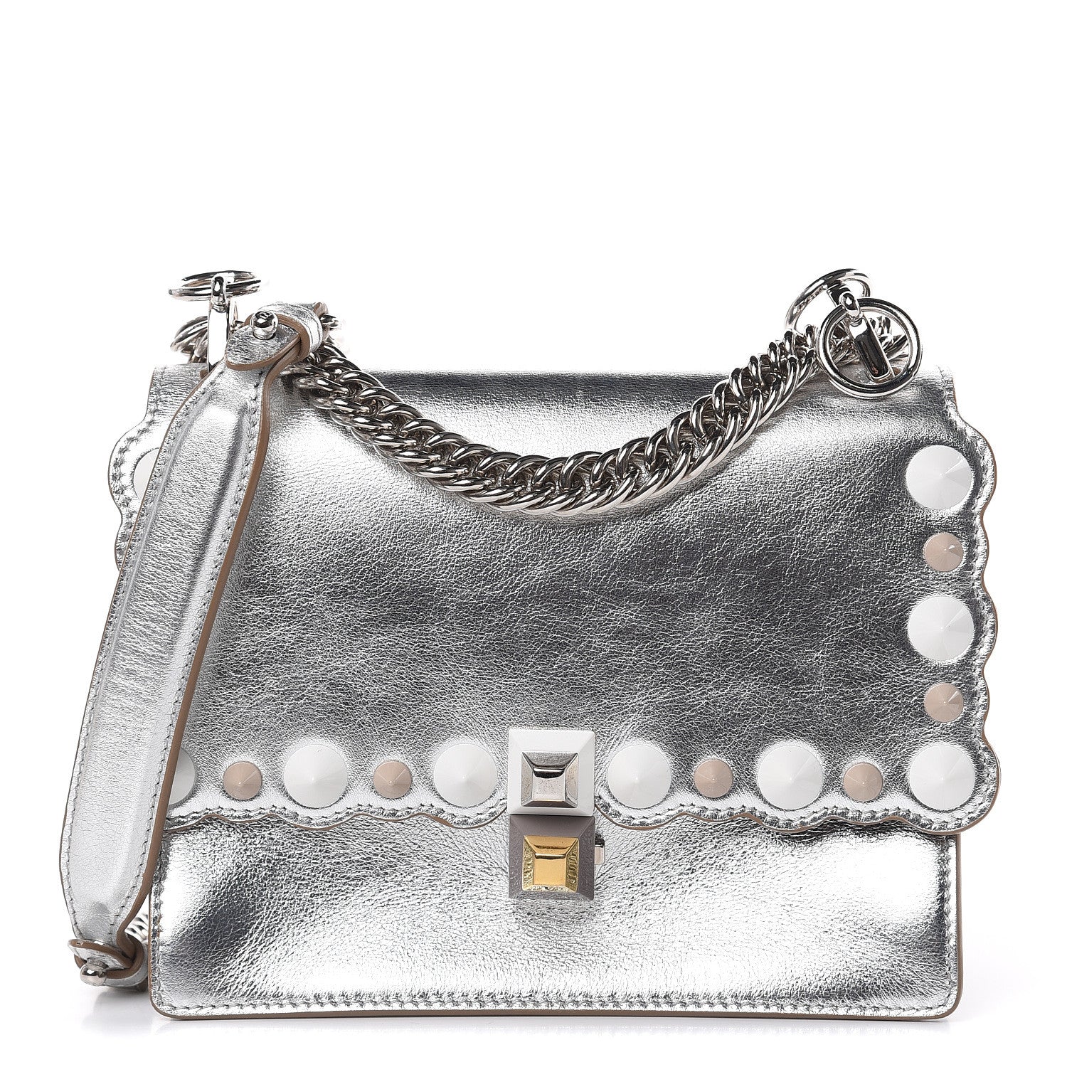 Fendi Vitello Catalan Mirror Scalloped Multi Studded Small Kan I Shoulder Bag Argento 1 of 12