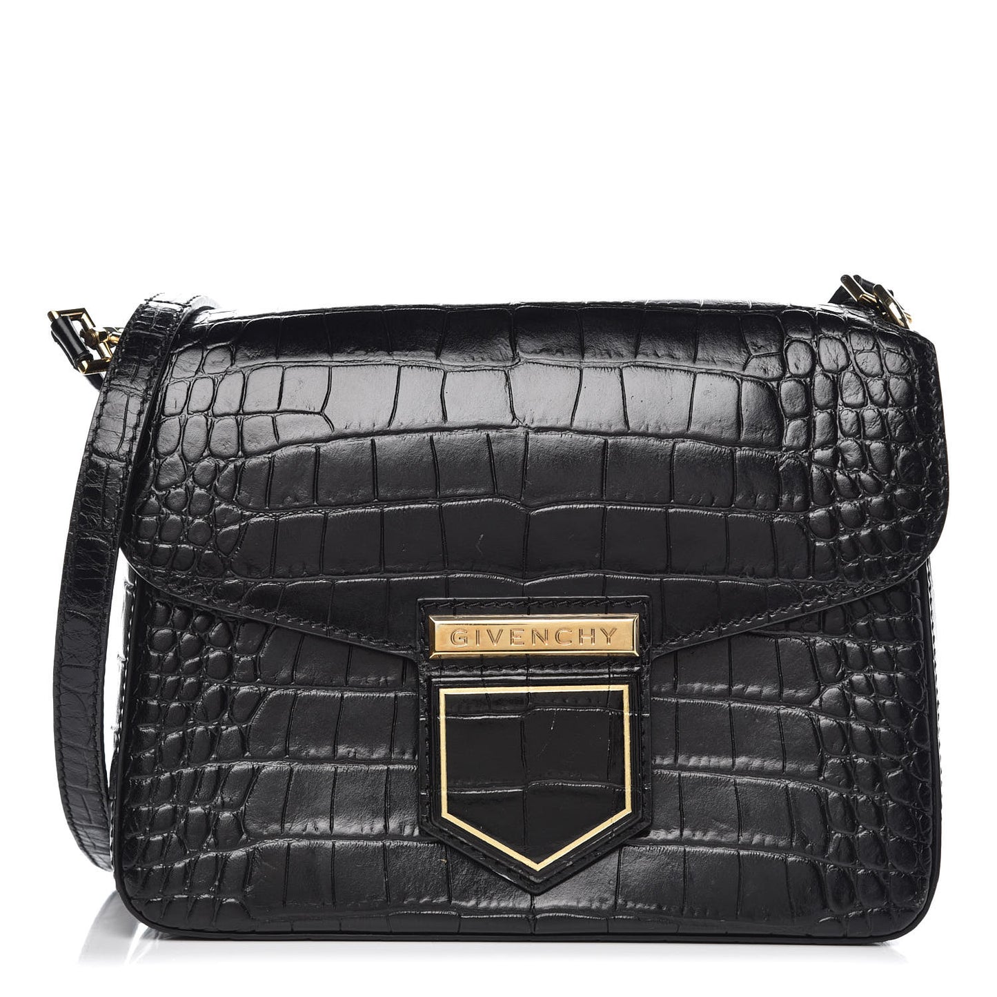 Calfskin Crocodile Embossed Small Nobile Shoulder Bag Black