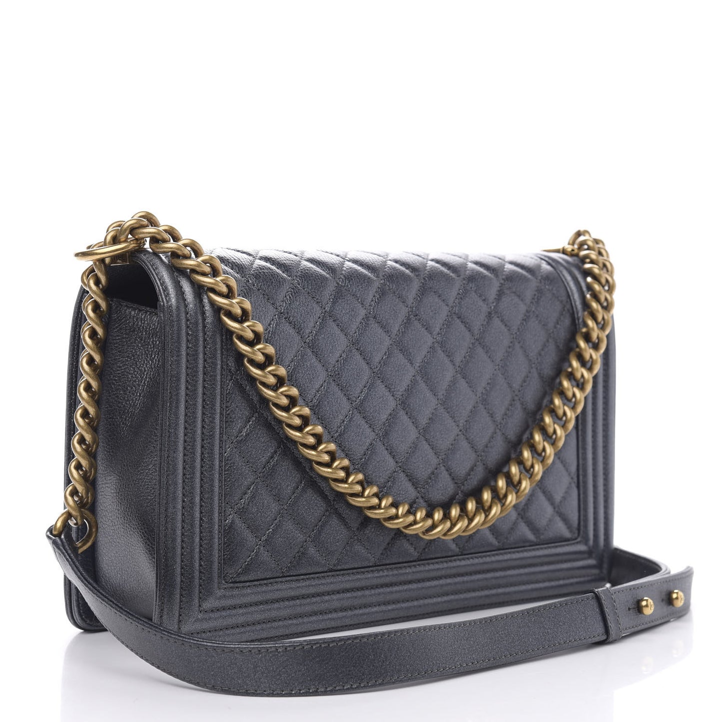 Metallic Calfskin Quilted New Medium Boy Flap Dark Grey