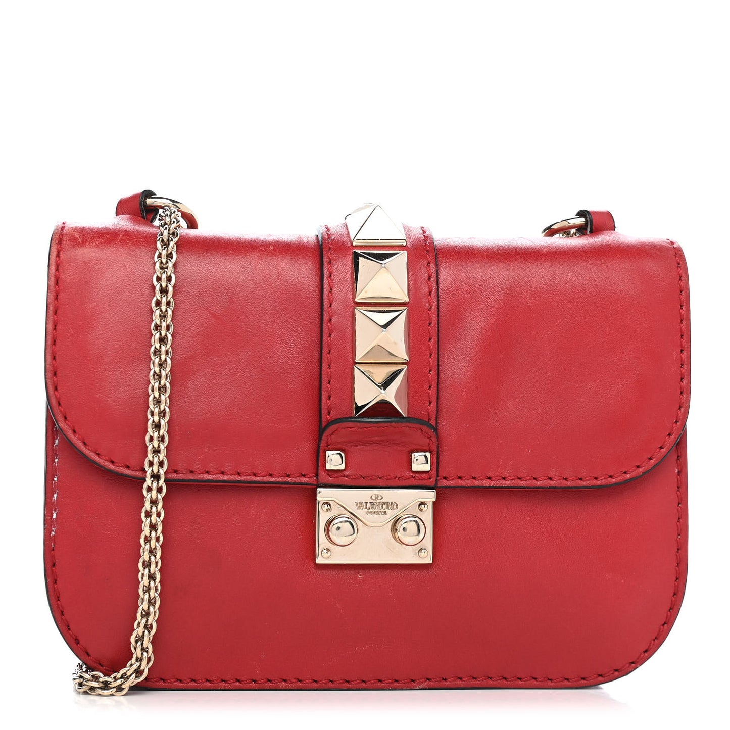 Vitello Small Glam Lock Rockstud Flap Red