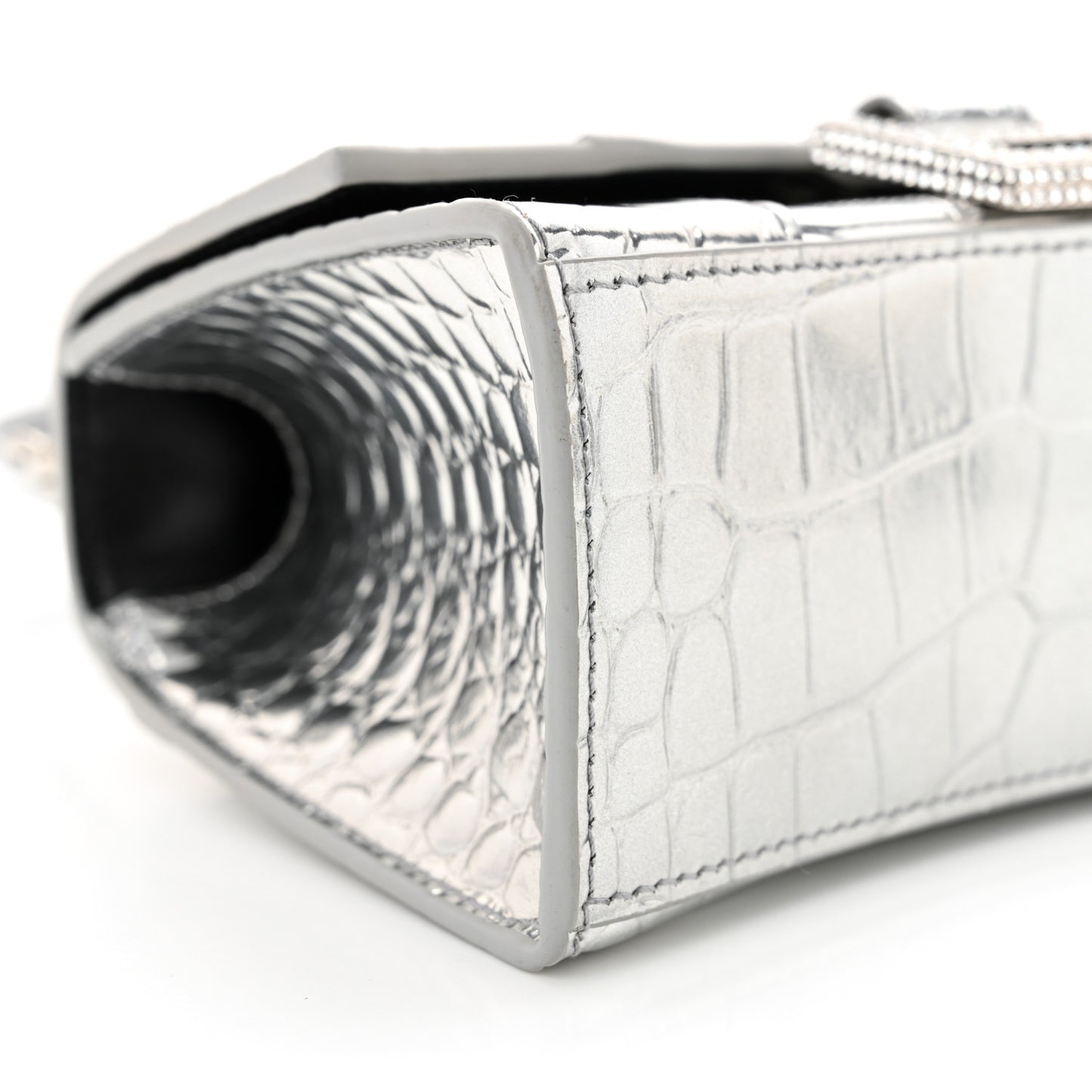 Metallic Calfskin Crocodile Embossed Crystal Hourglass Top Handle Bag XS Silver