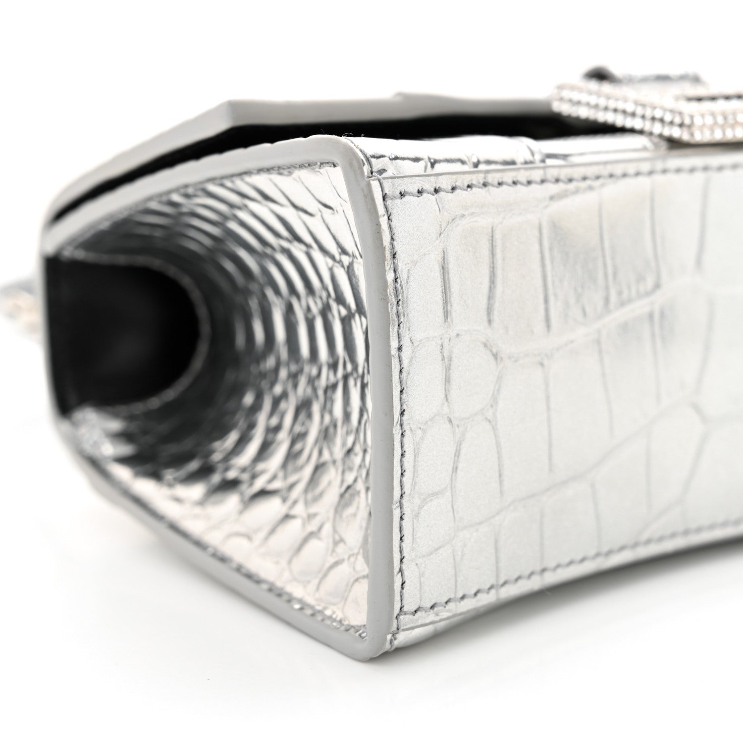 Balenciaga Metallic Calfskin Crocodile Embossed Crystal Hourglass Top Handle Bag XS Silver 10 of 12