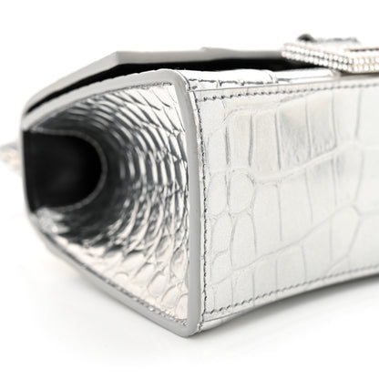 Balenciaga Metallic Calfskin Crocodile Embossed Crystal Hourglass Top Handle Bag XS Silver 10 of 12