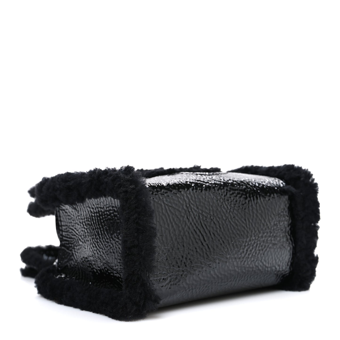 X UGG Crinkle Patent Shearling Small Shopping Bag Black
