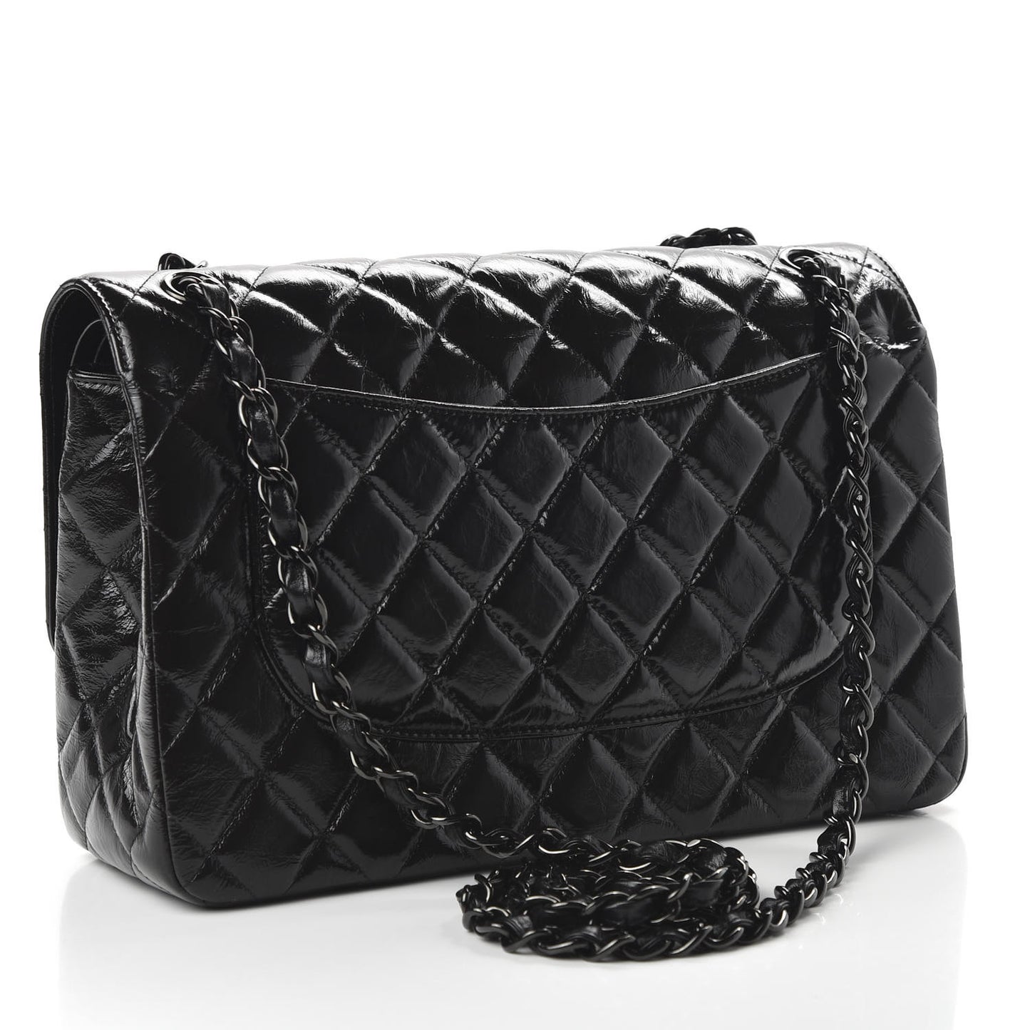 Shiny Distressed Calfskin Quilted Jumbo Double Flap So Black