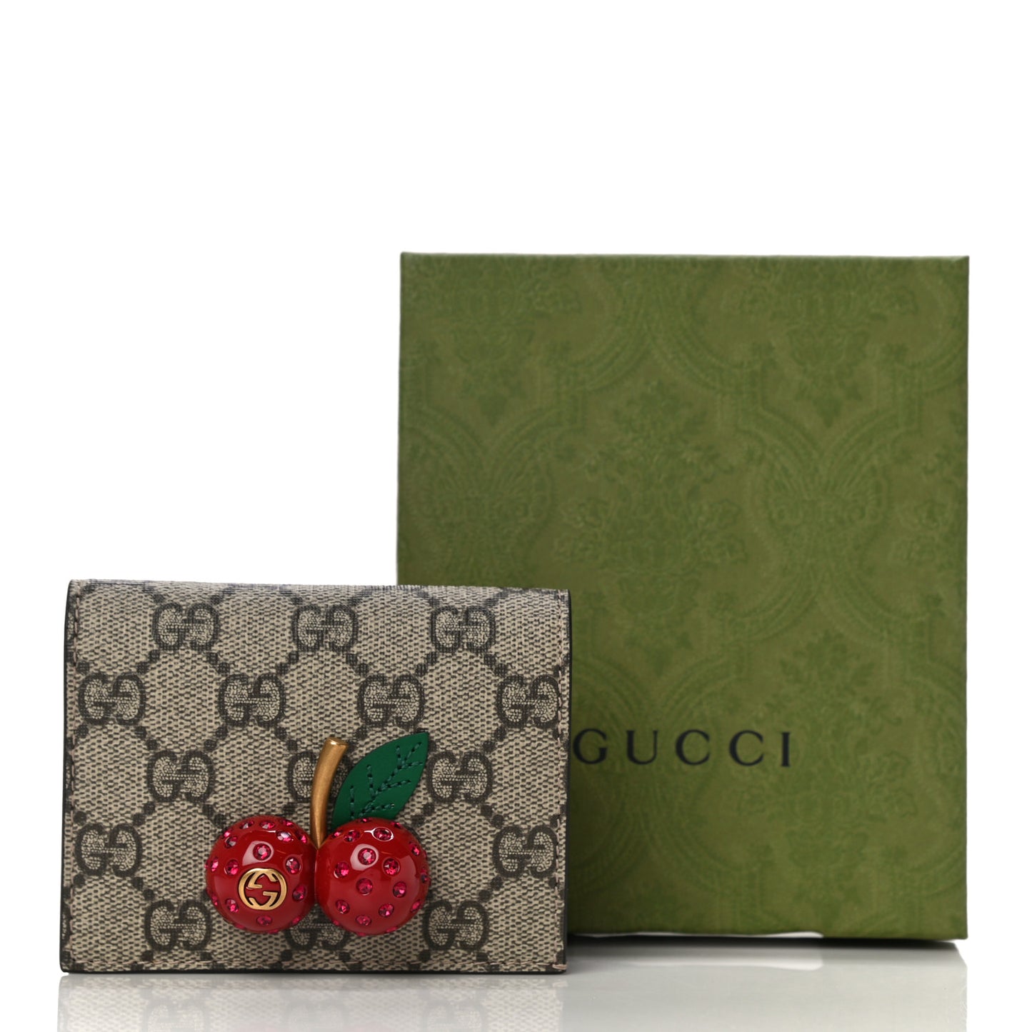 GG Supreme Monogram Cherry Embellished Card Case Wallet Hibiscus Red