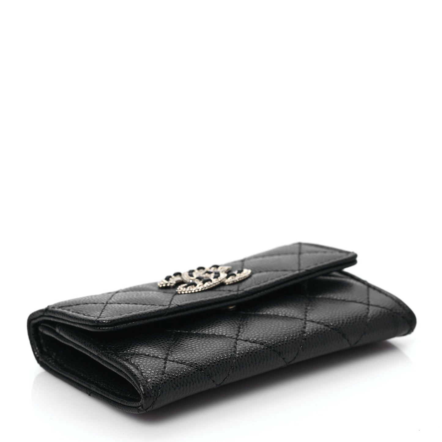 Caviar Quilted Crystal CC Flap Card Holder Black