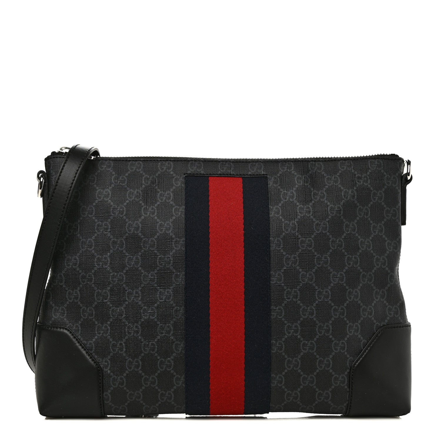 Gucci Soft GG Supreme Monogram Appia Calfskin Web East West Messenger Bag Black Grey 1 of 10