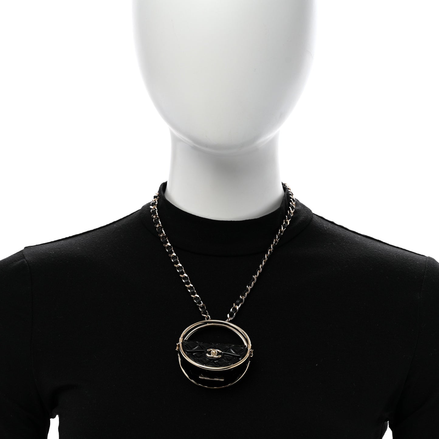 Metal Resin Quilted Flap Bag Hoop Mirror Necklace Black Gold