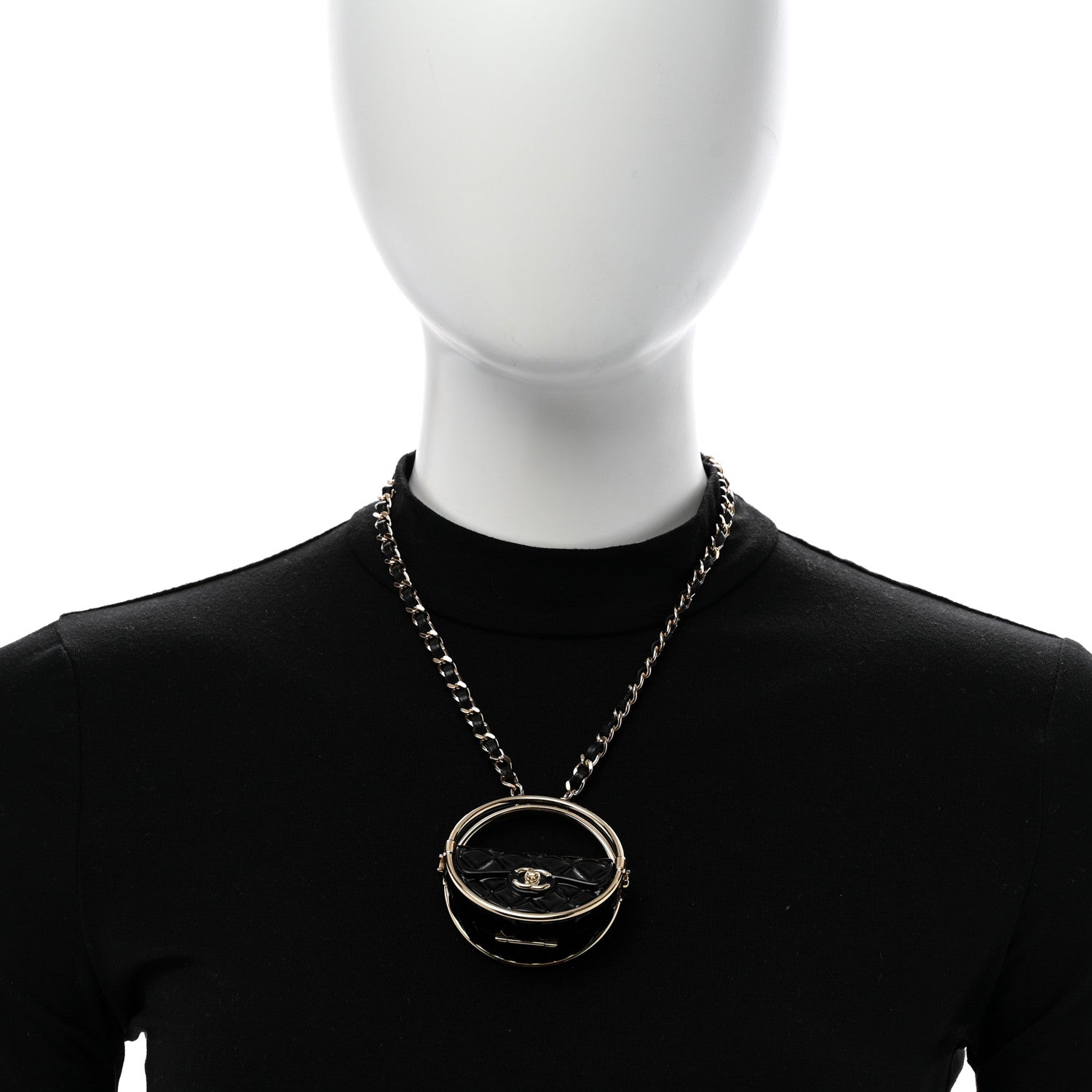 Chanel Metal Resin Quilted Flap Bag Hoop Mirror Necklace Black Gold 2 of 7
