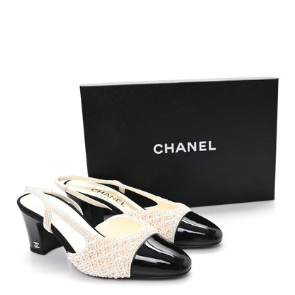 Chanel Pearl Patent Cap Toe CC Slingback Pumps 37 Ivory Black 10 of 10