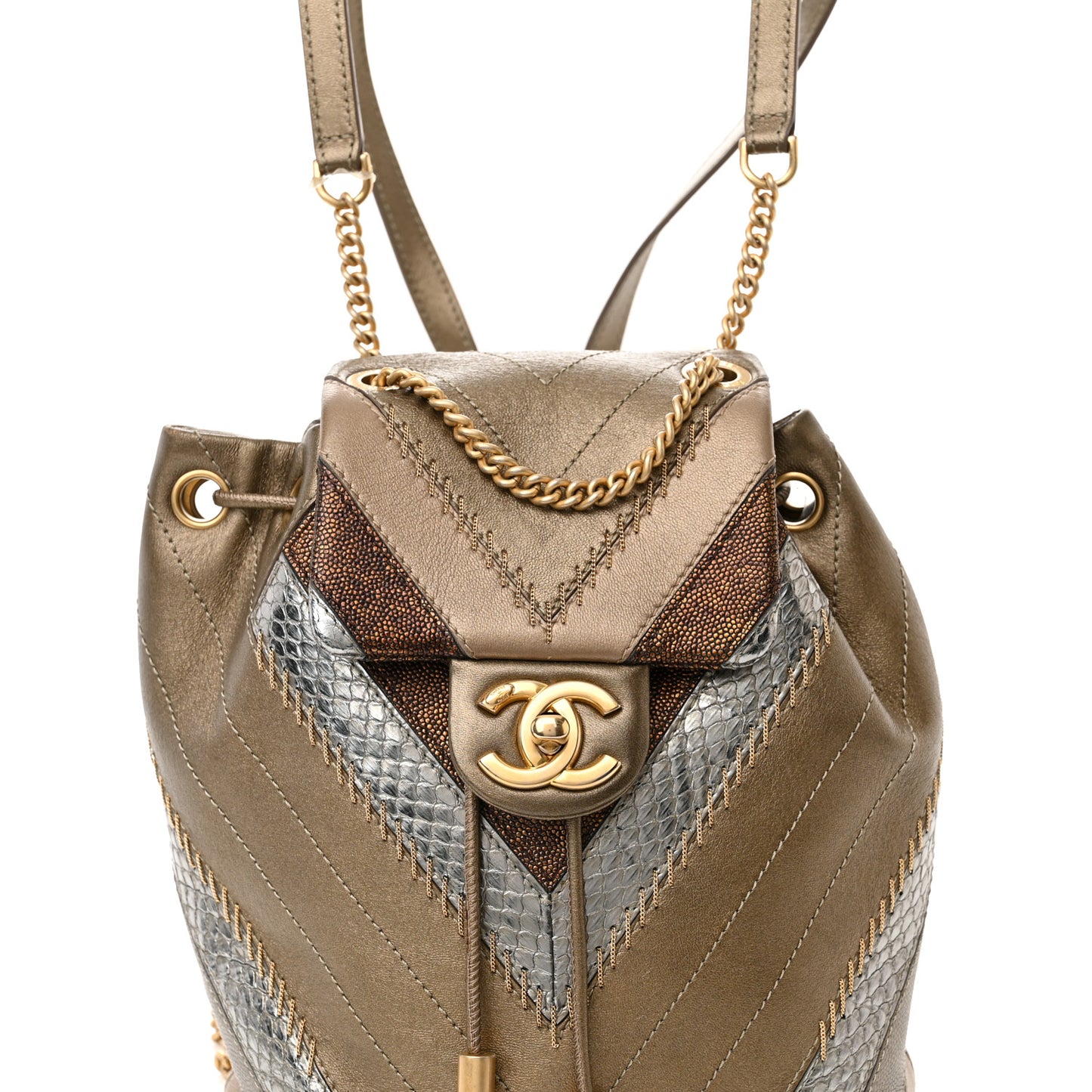 Metallic Calfskin Snakeskin Chevron Quilted Backpack Multicolor