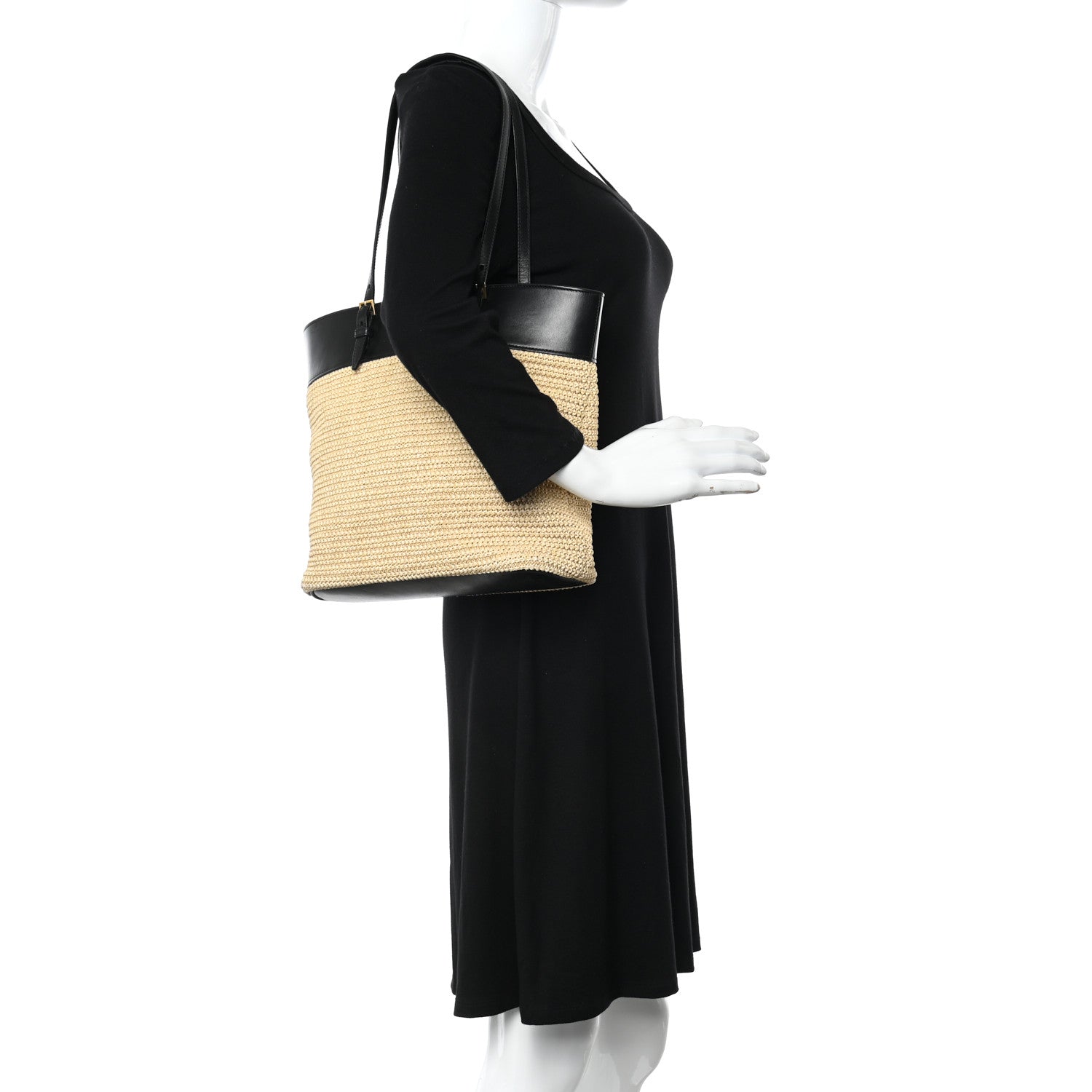 Saint Laurent Calfskin Raffia Mini Shopper Tote Naturale Black 2 of 13