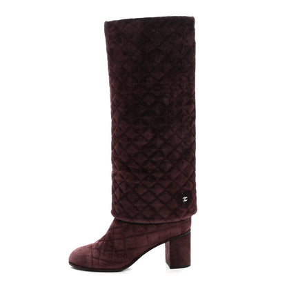 Chanel Suede Calfskin Quilted CC Fold Over High Boots 38.5 Dark Purple 1 of 7