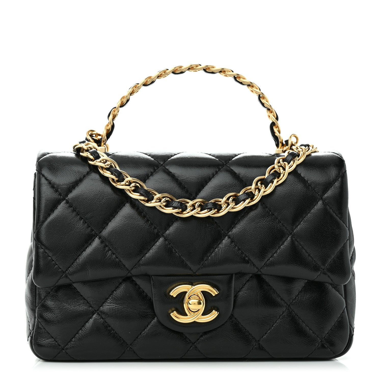Chanel Shiny Lambskin Quilted Golden Links Top Handle Flap Black 1 of 13