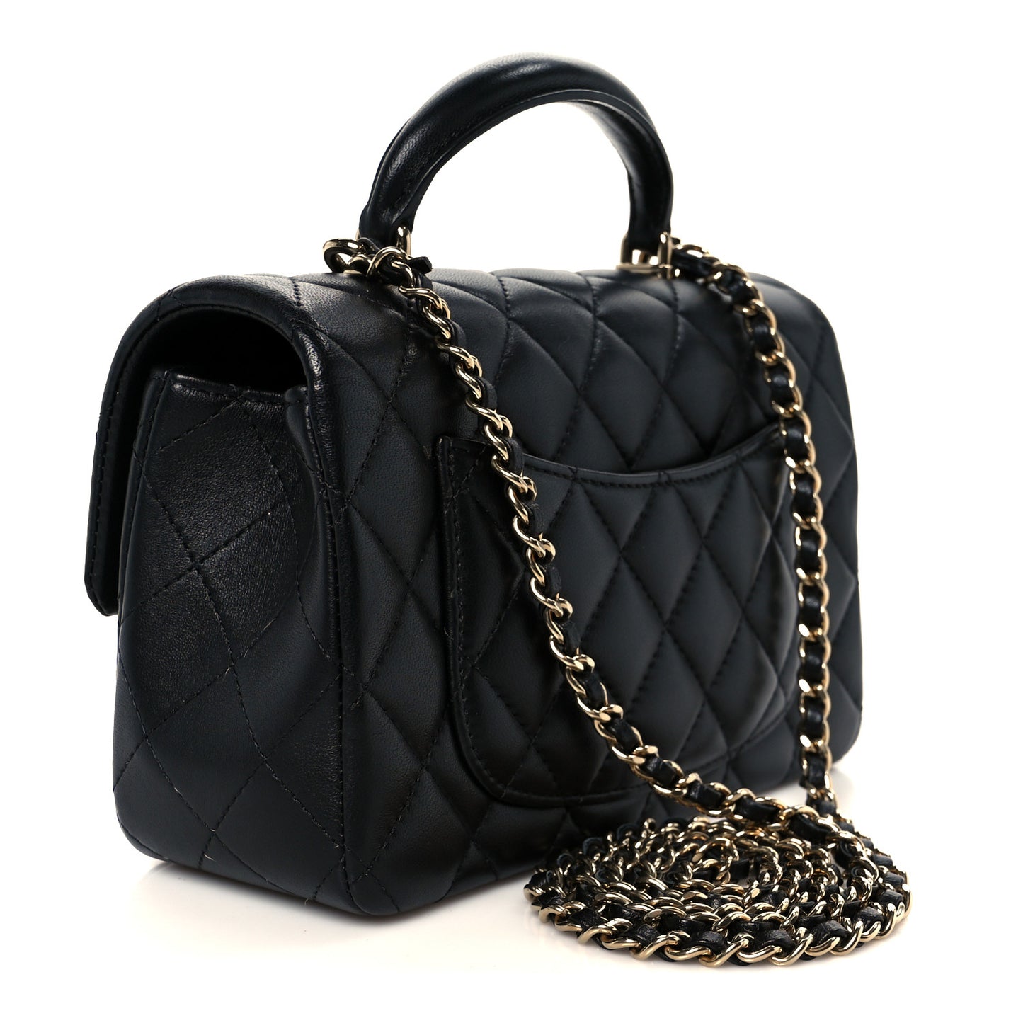 Lambskin Quilted Mini Top Handle Rectangular Flap Black