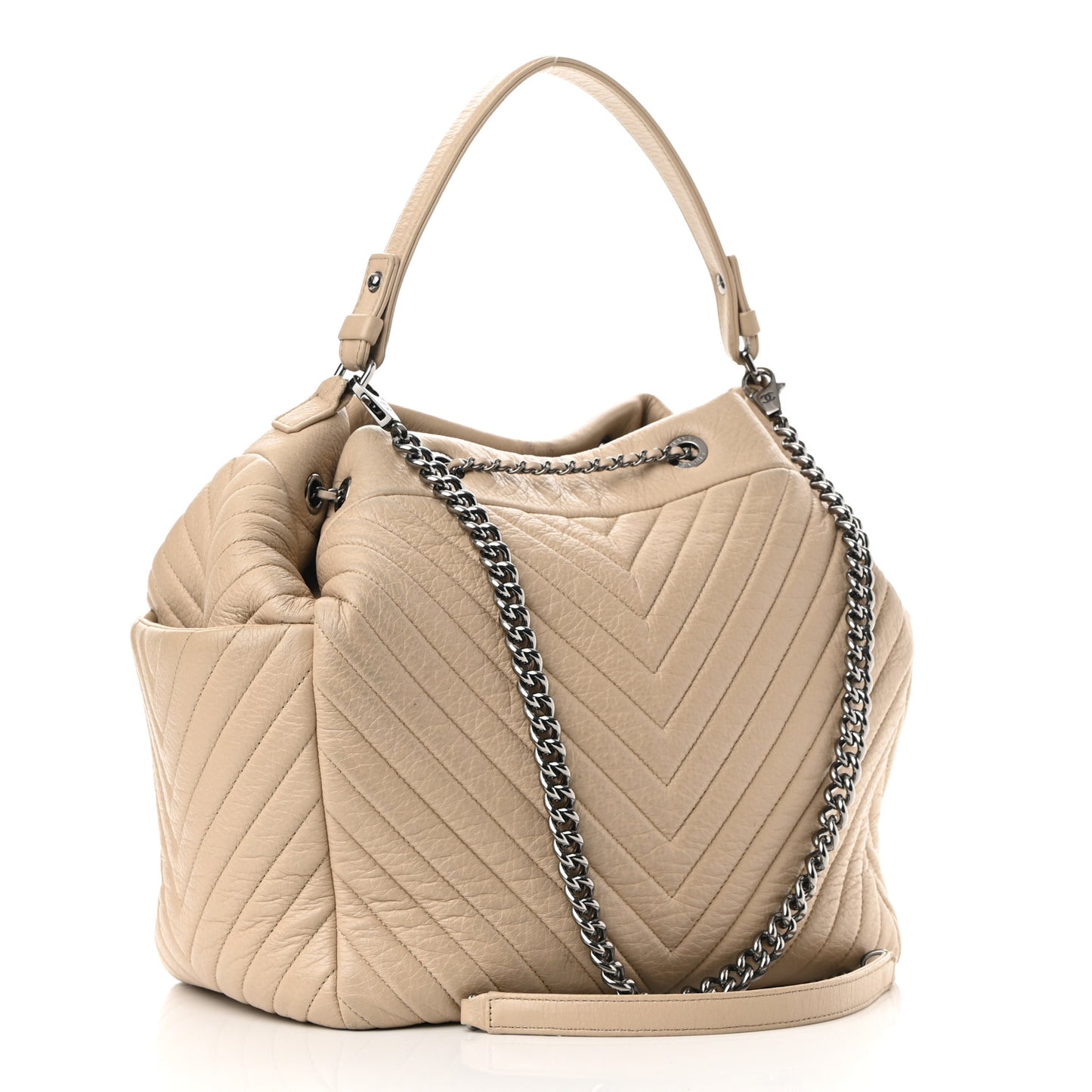 Deerskin Chevron Large CC Chain Bucket Drawstring Bag Beige