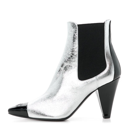 Chanel Laminated Goatskin Patent CC Cap Toe Short Boots 36 Silver 1 of 9