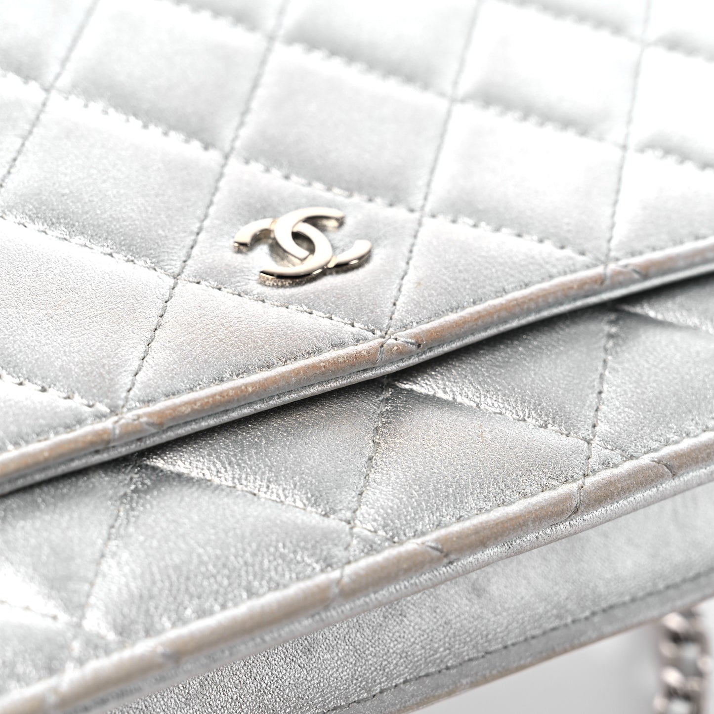 Metallic Lambskin Quilted Wallet On Chain WOC Silver