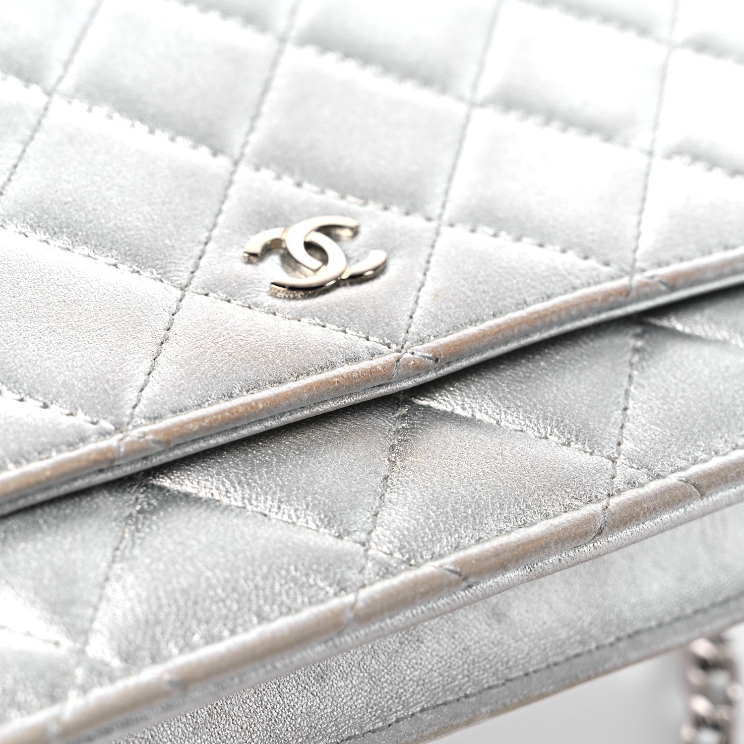 Chanel Metallic Lambskin Quilted Wallet On Chain WOC Silver 18 of 19