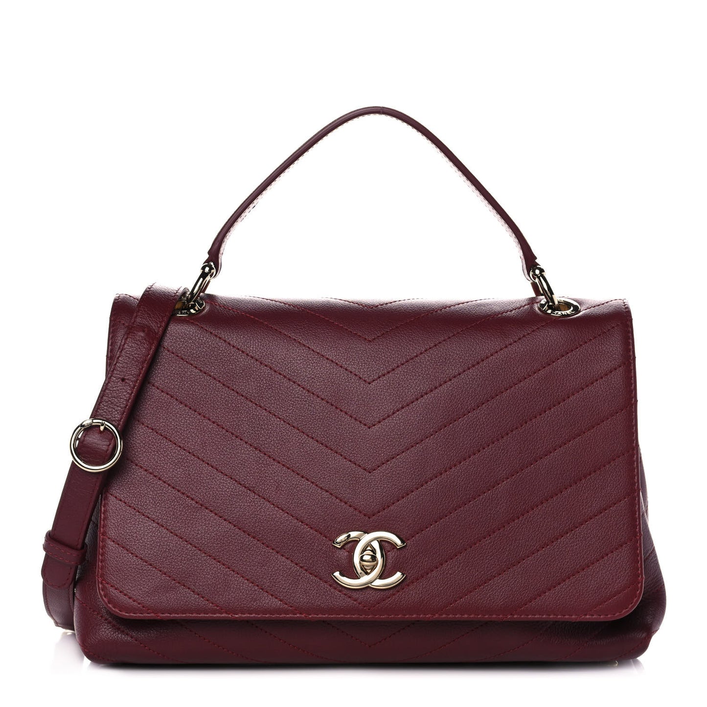 Grained Calfskin Stitched Chevron Medium Chic Top Handle Flap Red