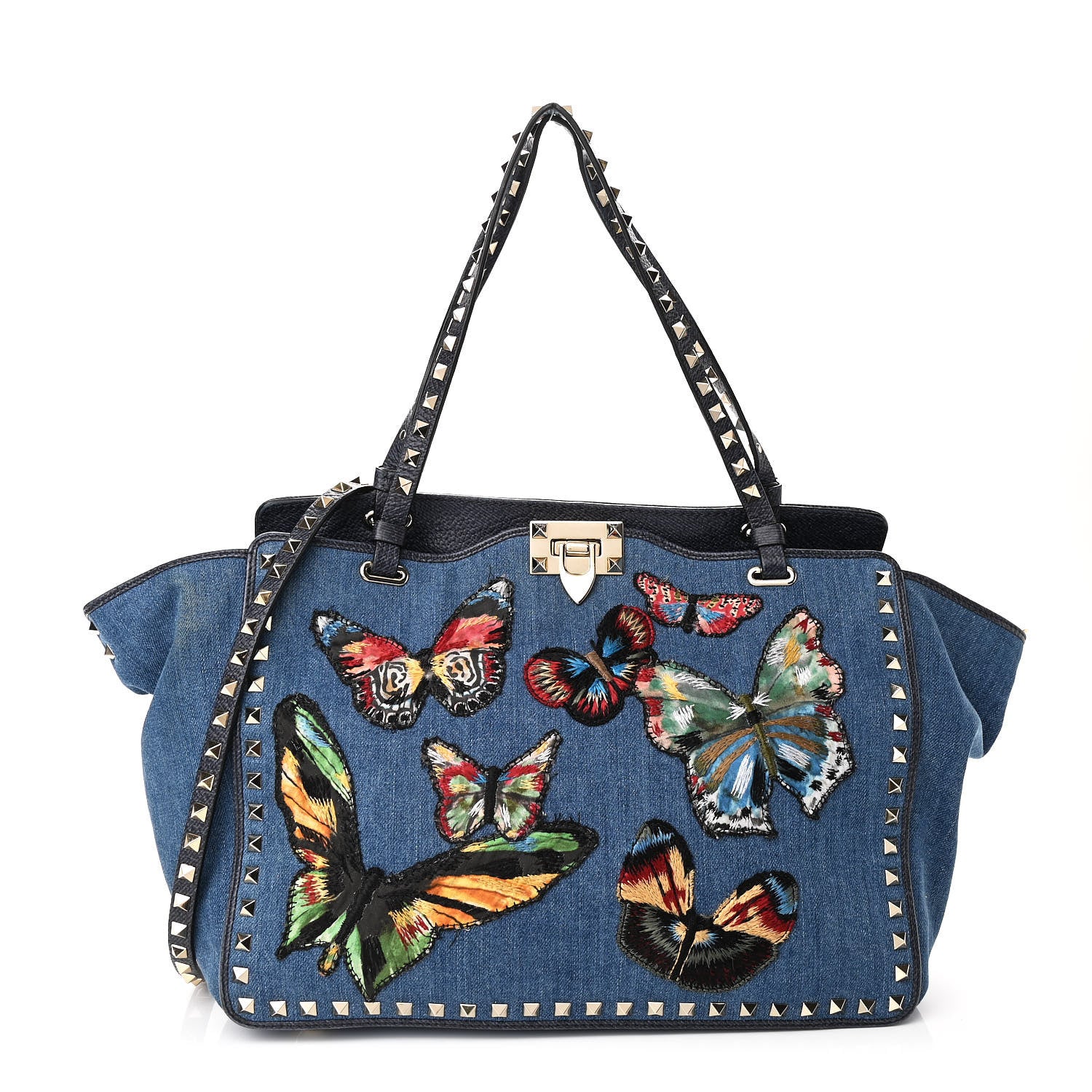 Valentino Garavani Denim Butterfly Embroidered Medium Rockstud Tote Light Denim Multicolor 1 of 9