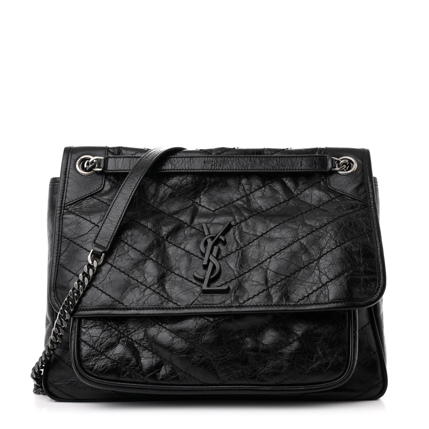 Saint Laurent Crinkled Calfskin Matelasse Monogram Large Niki Chain Satchel Black 1 of 12