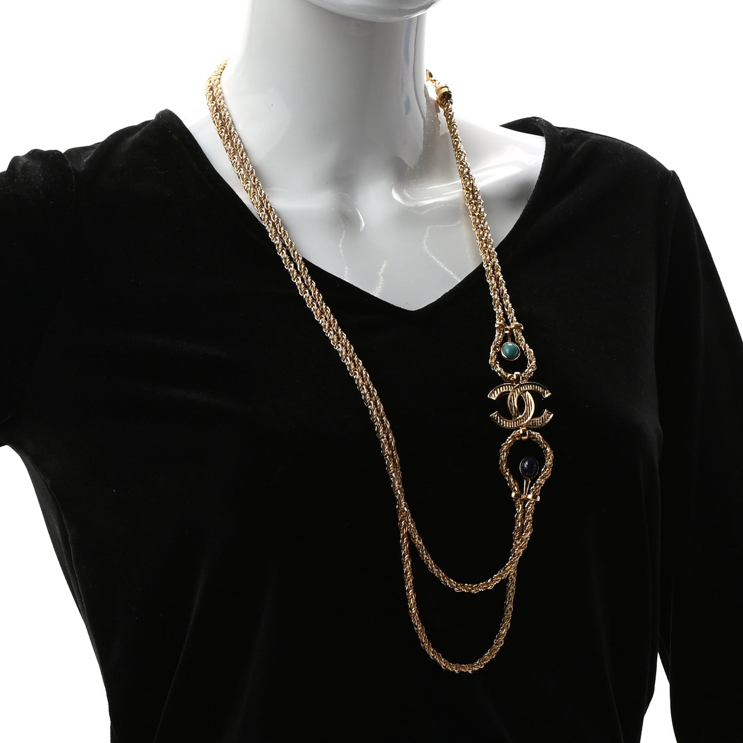 Gripoix Poured Glass Braided CC Long Necklace Gold Green Blue