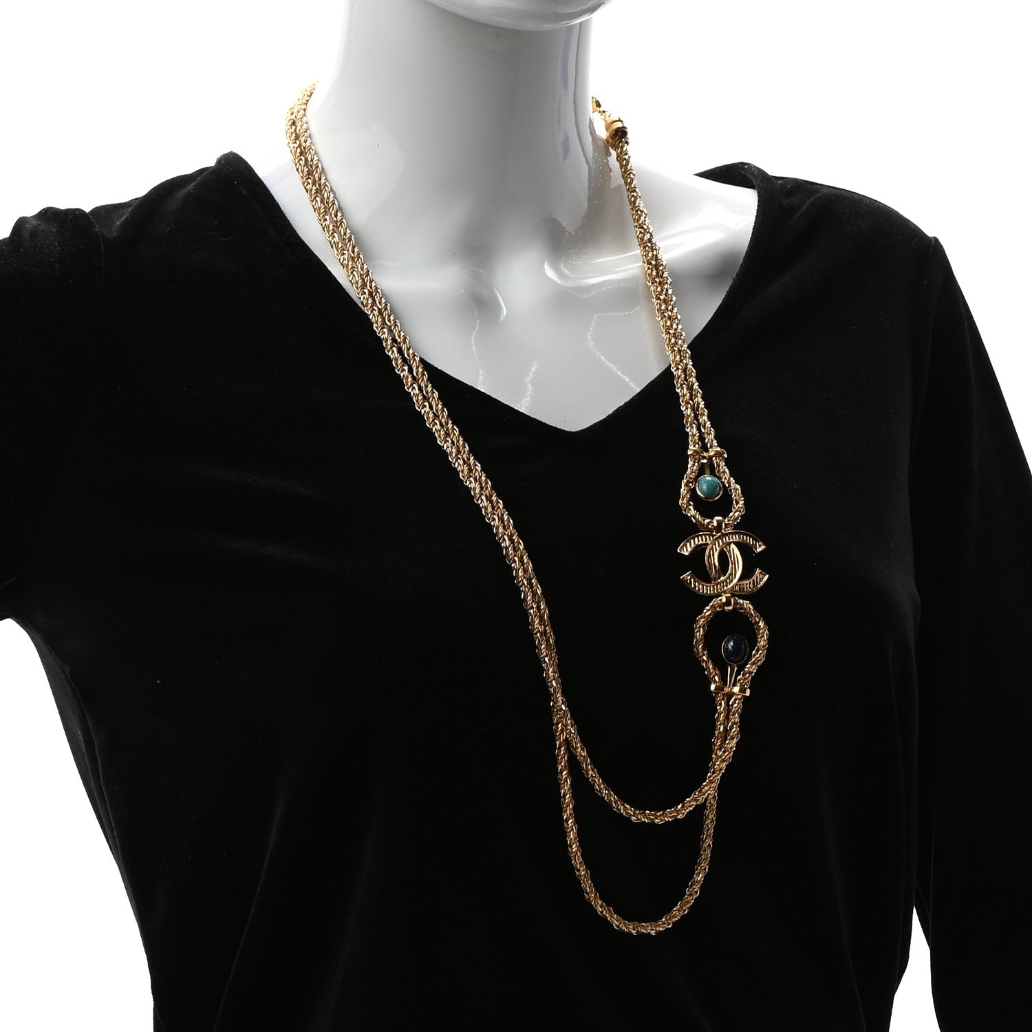 Chanel Gripoix Poured Glass Braided CC Long Necklace Gold Green Blue 2 of 5